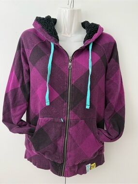 Cozy Purple Plaid Roxy Zip Up Hoodie Jacket Kids Size Large
